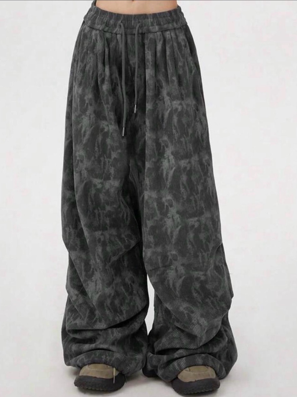 Oversized Wide-Leg Drawstring Pants in Charcoal Gray